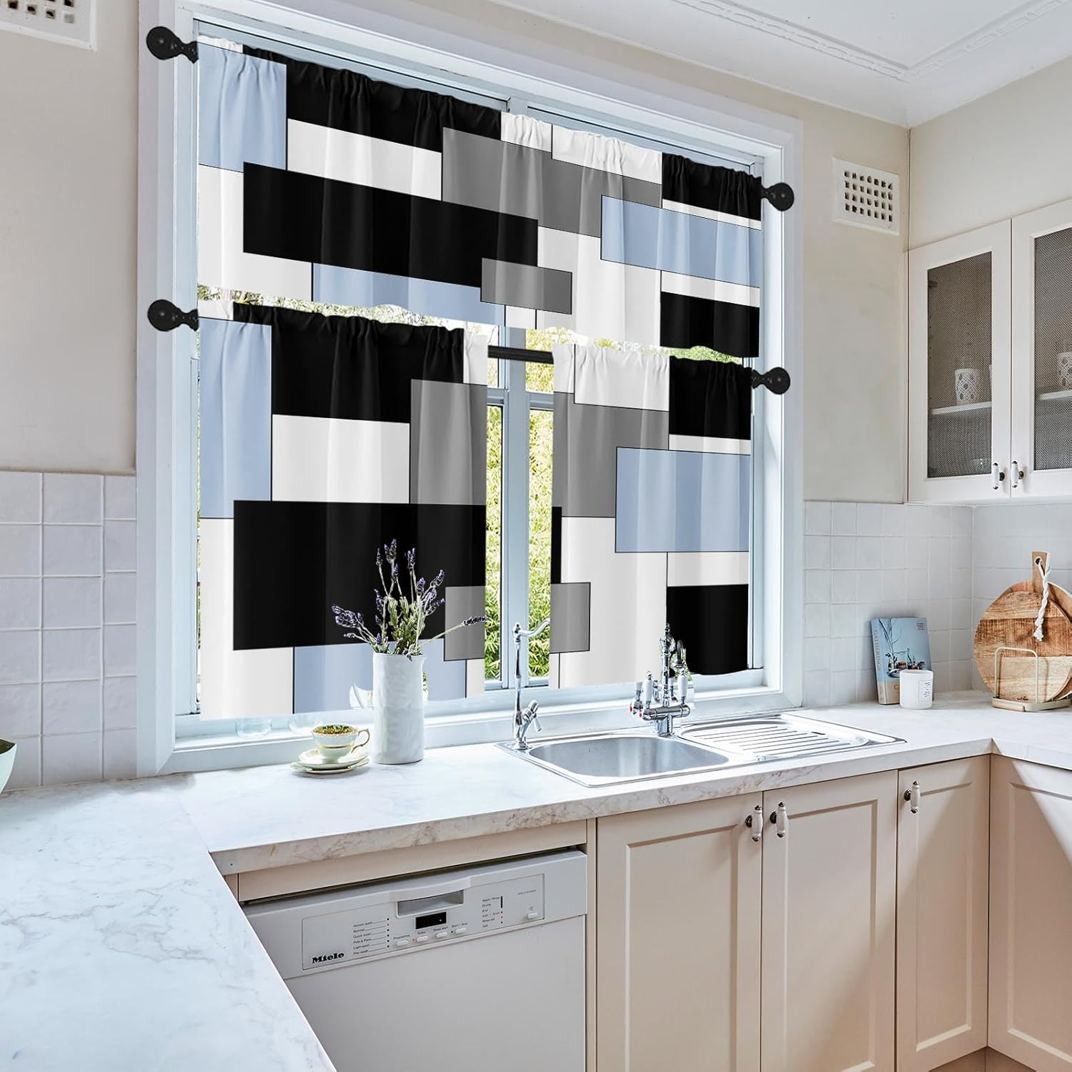 Sky Blue Kitchen Window Curtains Valance and Tier Set 36 Inch, Black Grey White