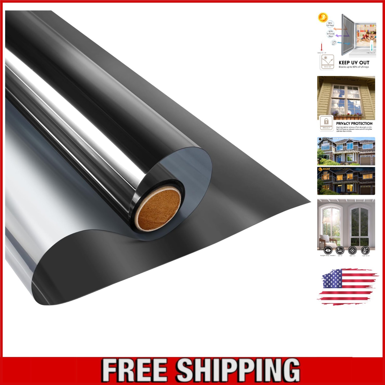 One Way Reflective Window Tint – 90% UV Protection, Black-Silver, 17.5″ x 6.5′
