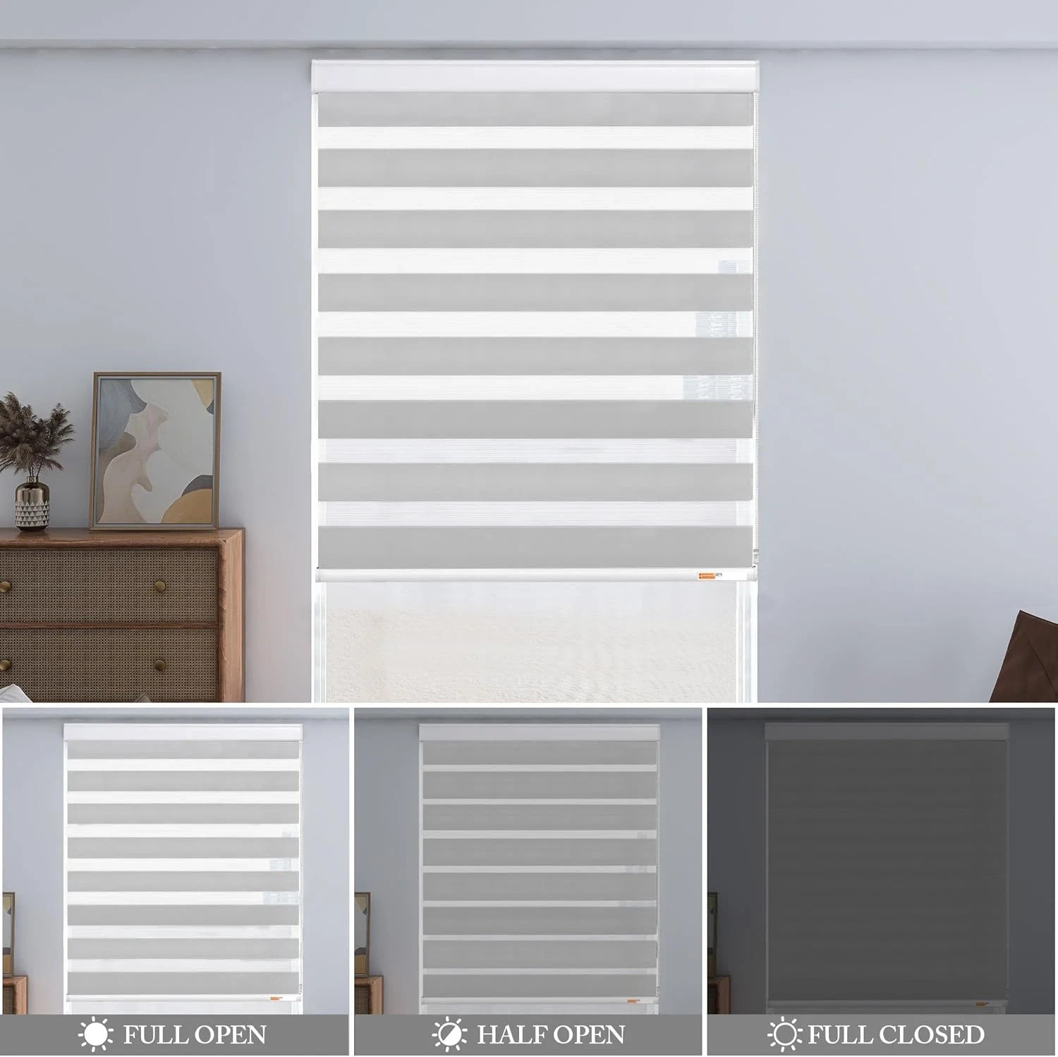 Cordless Zebra Blinds with Free-Stop – Dual Layer Light Filtering, 36″x64″- Gray