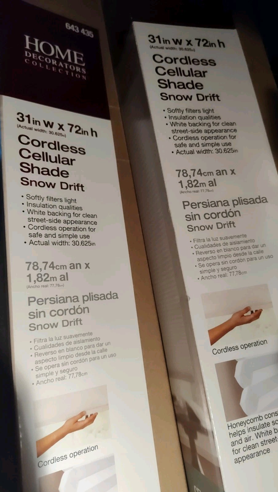 Lot Of 2, Home Decor Collection Cordless Cellular Shade 31″x72″Snow Drift White