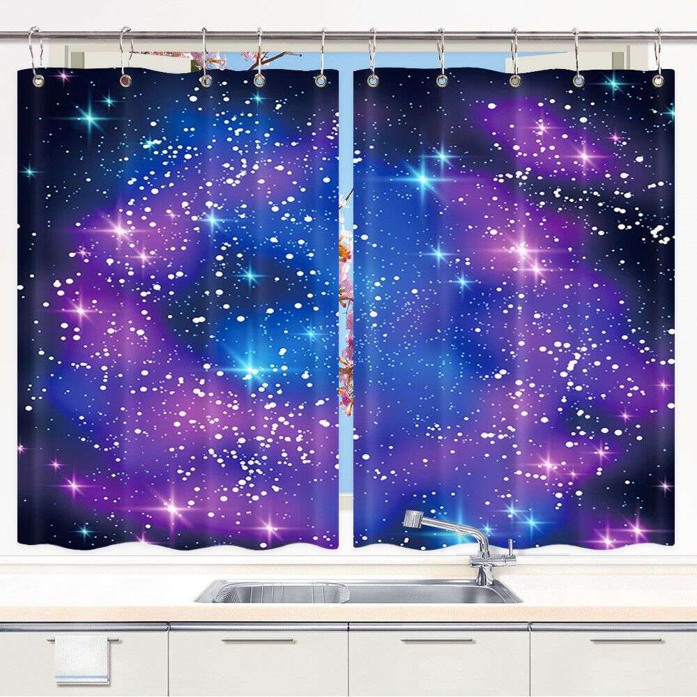 Space Stars Blue Curtains Window Drapes 2 Panel Set with Hooks Waterproof Fabric