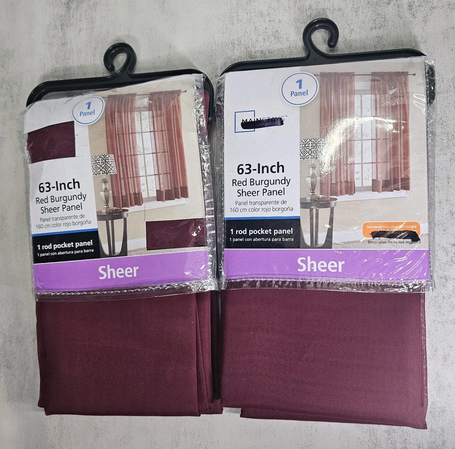2 Mainstays Sheer 63″x 59″ Rod Pocket Curtain Panels Red Burgandy For 1 Window