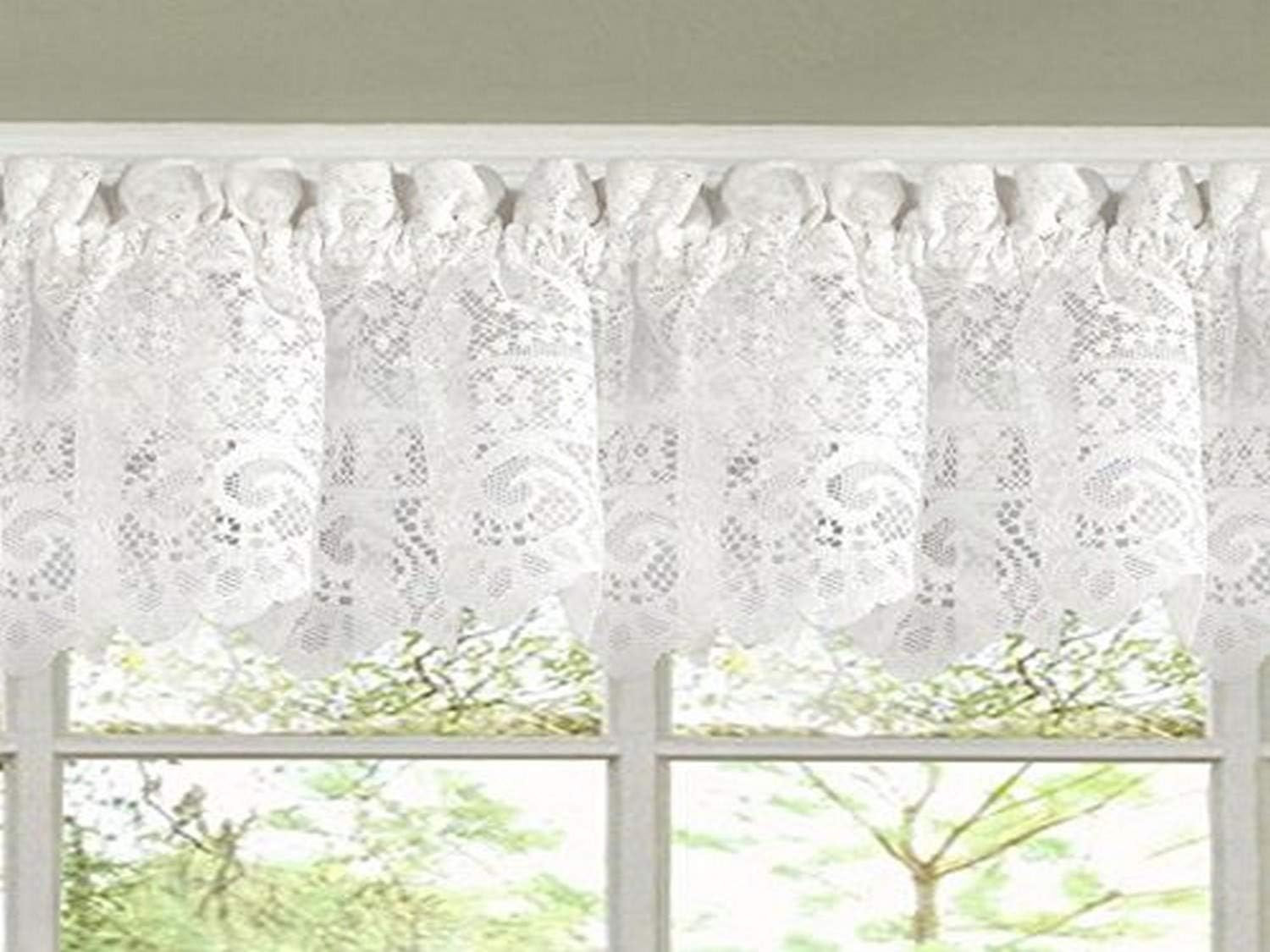 Old World Style Floral Heavy Lace Kitchen Curtain Valance, Hopewell White