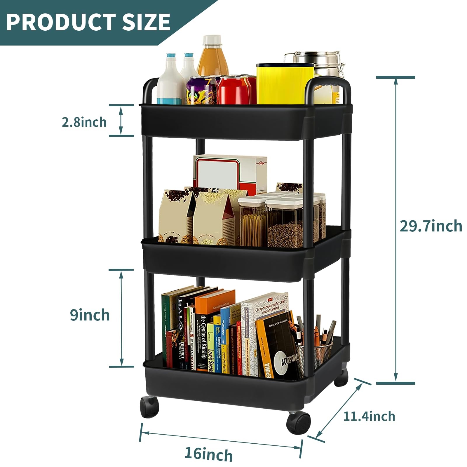 EZ COZY 3 Tier 16 inches (L) x 11.4 (W) x 29.7 (H), Black