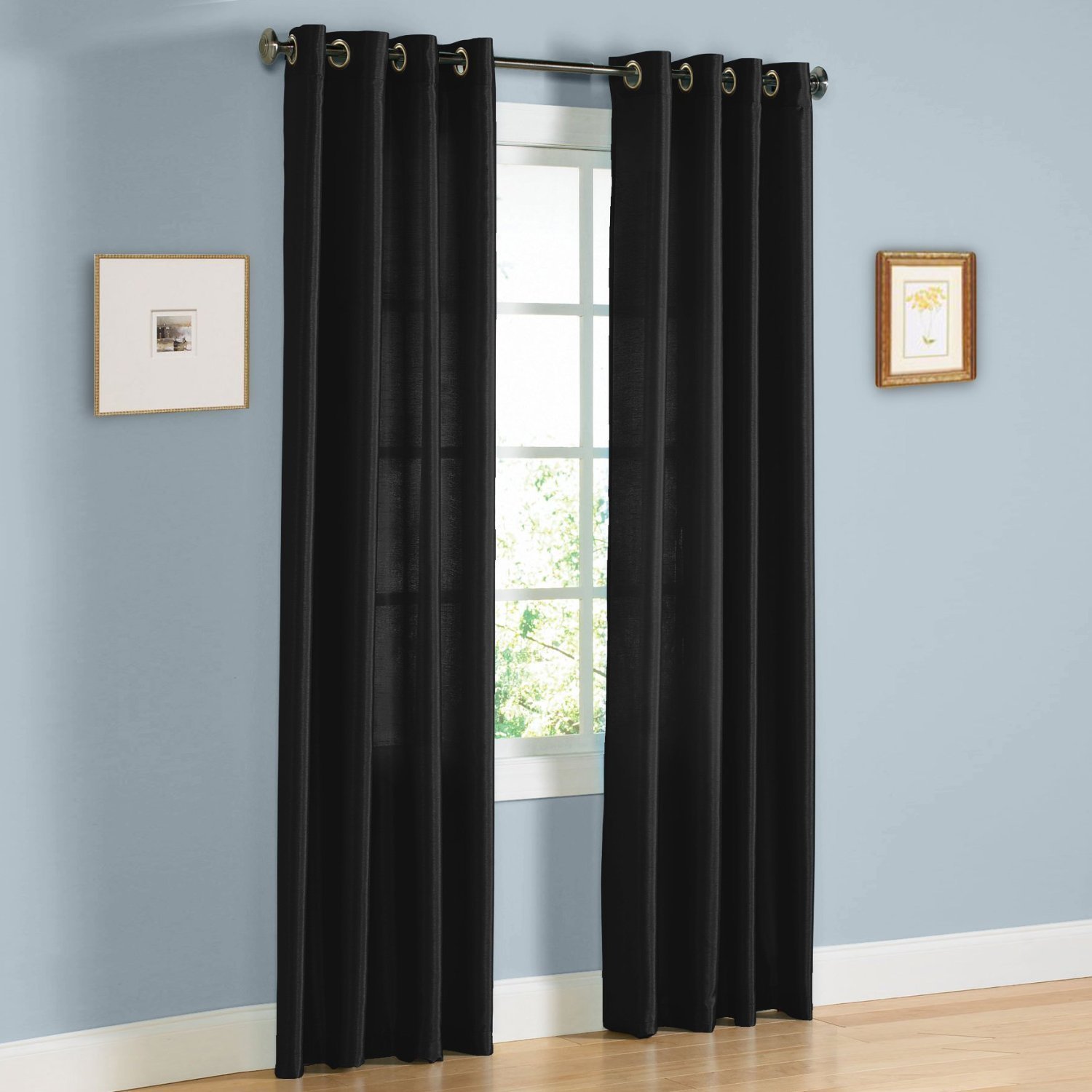 FAUX SILK Window Treatments Curtains MIRA GROMMETS 63″95″ 84″ 108″ BLACK