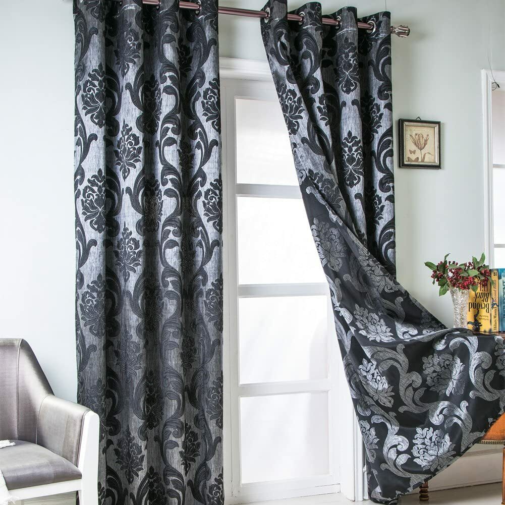Set 2 Black Damask Elegant Curtains Panels Drapes Pair 84 96 108 in L Darkening