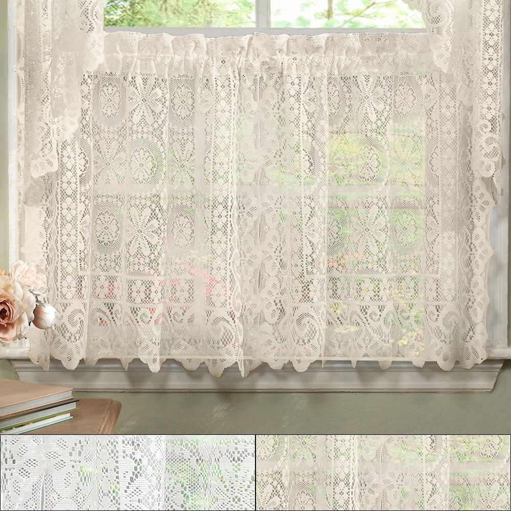 Hopewell Heavy Floral Lace Kitchen Window Curtain 36 x 58 Tier