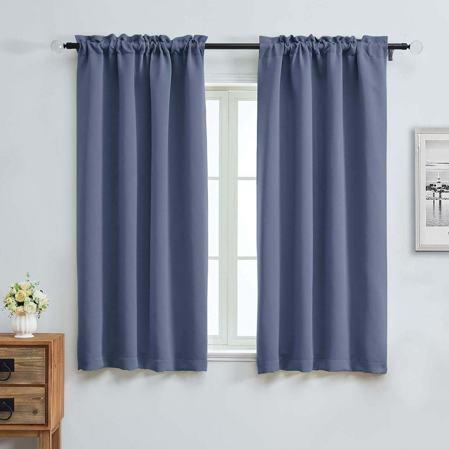 Denim Blue Blackout Curtains for Bedroom 63 Inch Length 2 Panels, Solid Thermal