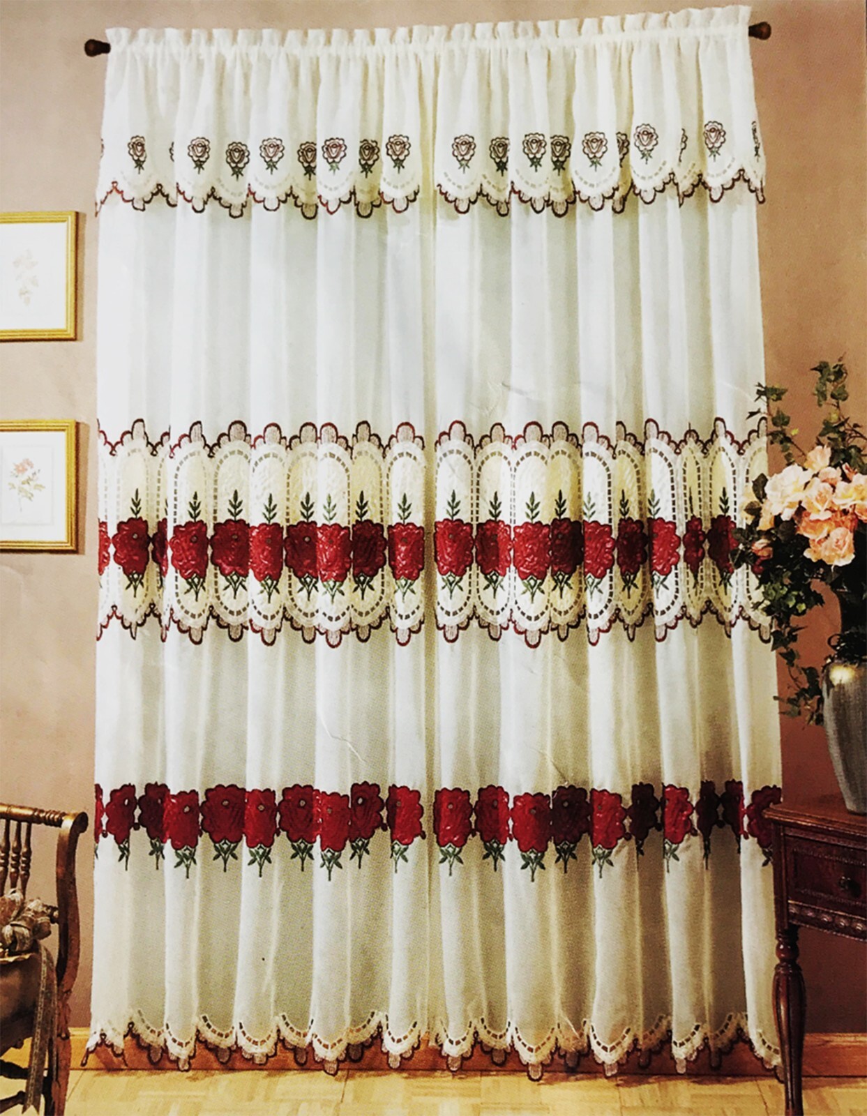 Green Floral Embroidery Satin Sheer Living Panel Ivory Window Curtain 60wx90L”