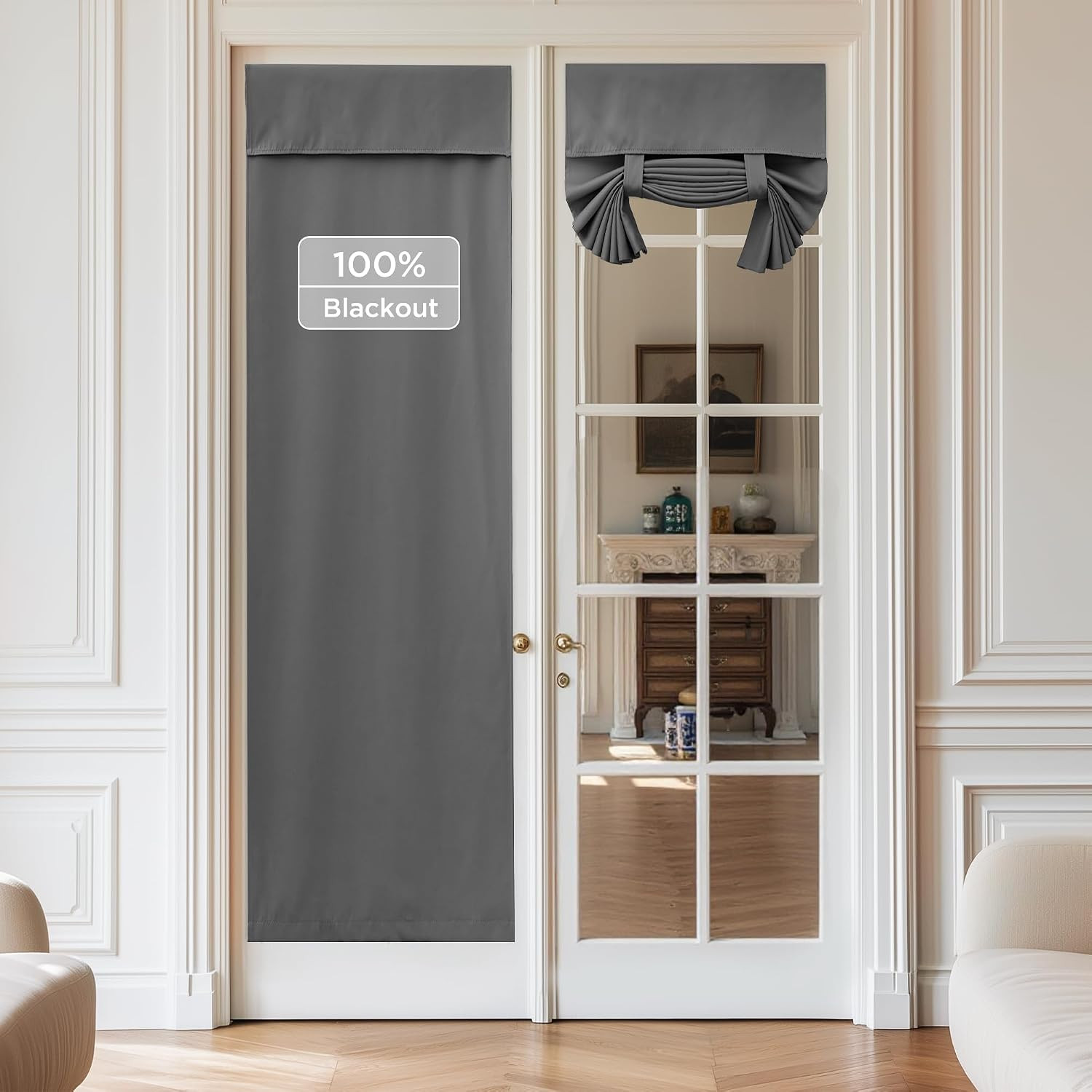 100% Blackout French Door Curtains, Privacy Thermal Insulated Tie up Glass Shade