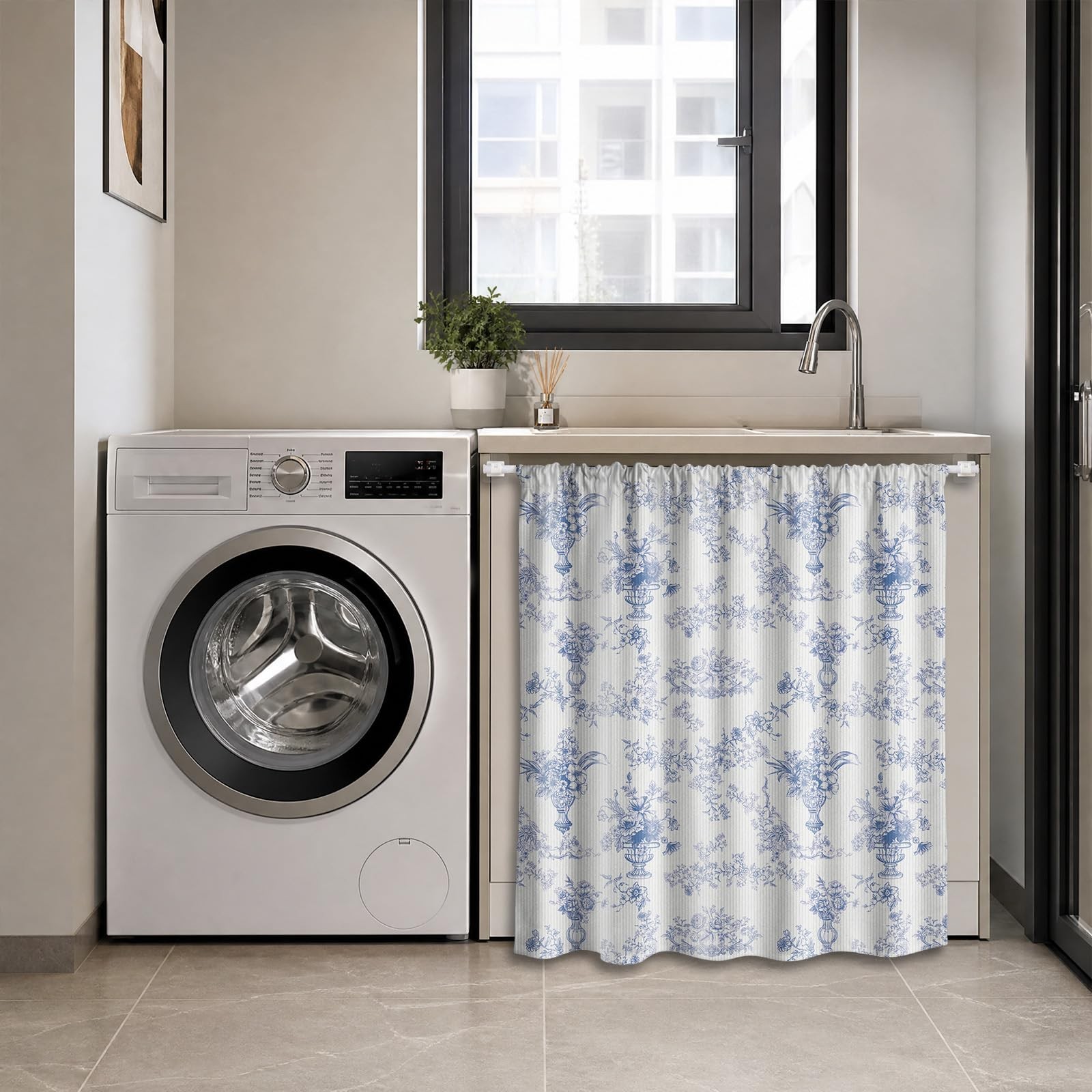 Dishwasher Curtain Cover Set, 39 x 35 Inch Blue Floral Cabinet Curtain with T…
