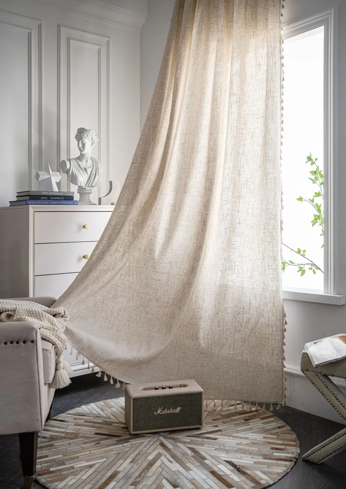 Linen Semi Blackout Curtain 1 Panel Handmade Cotton Burlap Stitching Lace Tassel