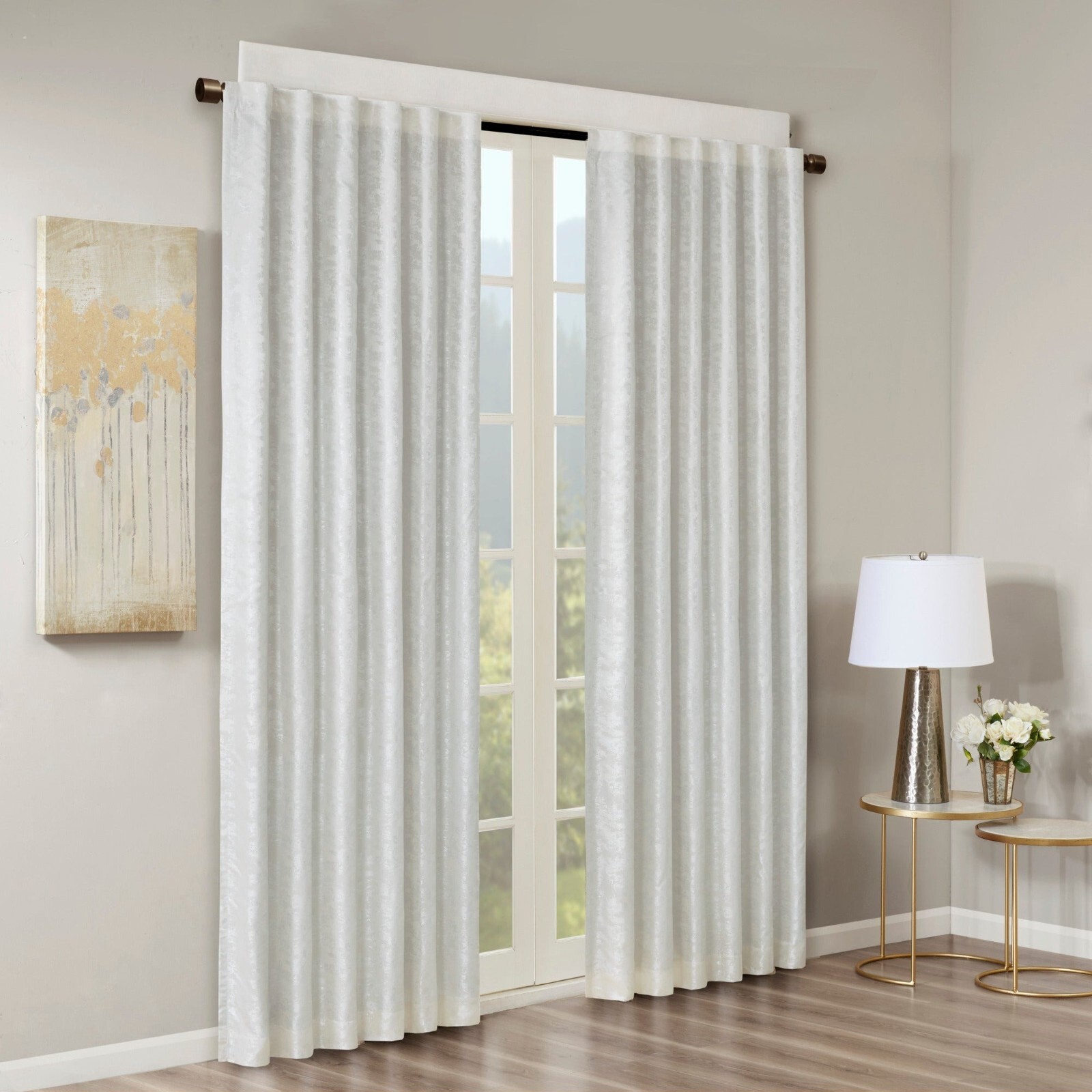 SunSmart Cassius White Jacquard Lined Total Blackout Curtain Panel 50in x 84in