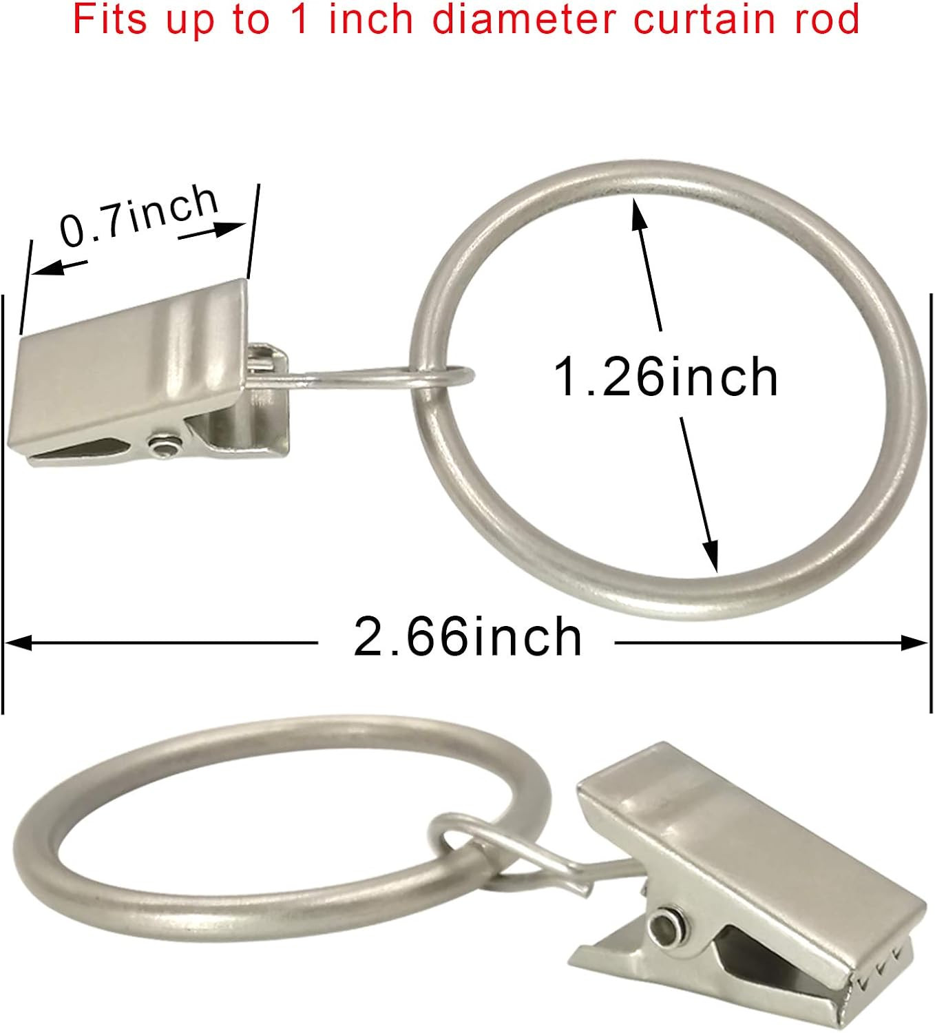 40 Pack Matte Silver Curtain Rings with Clips, Fits 1″ Rods, 1.26″ Diameter
