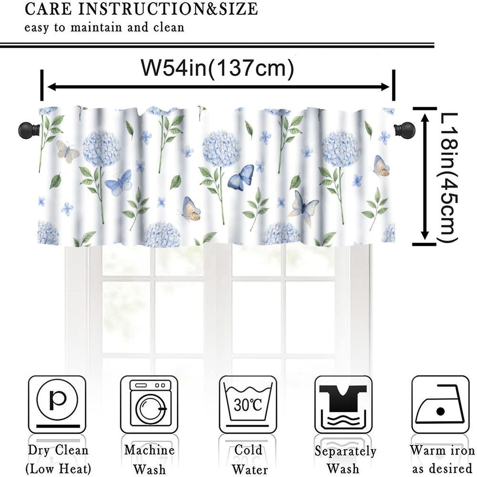 Blue Hydrangea Valance Curtains, Spring Summer Flower Butterfly Rod Pocket Sm…