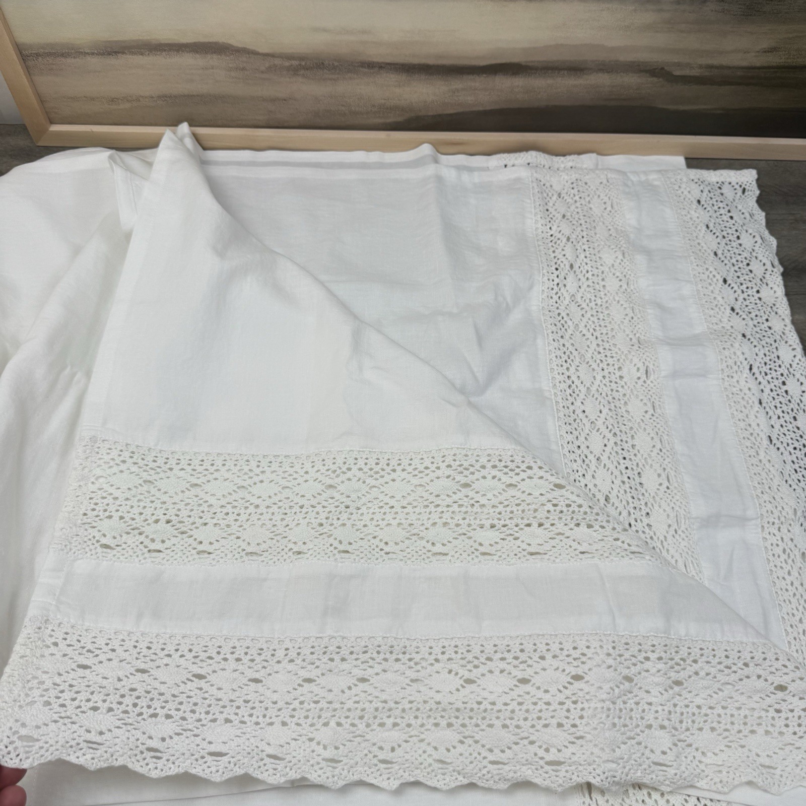 GreenRow Crochet Lace Linen Curtain Drape Unlined 48”x84” White NWOT