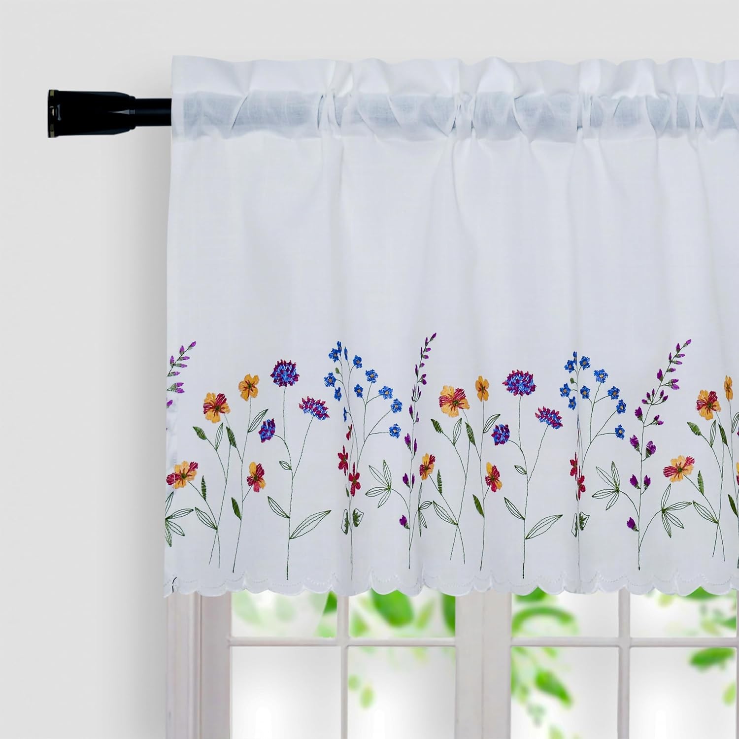 PKT Floral Embroidery Curtain Valance, White Elegant Decorative Flowers Window
