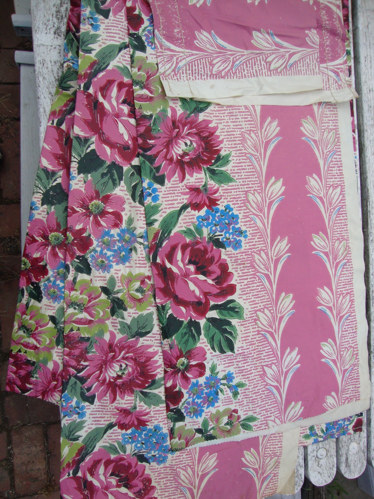 Vintage Mid Century Modern Floral 1940s Curtains 2 Pairs 2 Valances Pink Vinyl