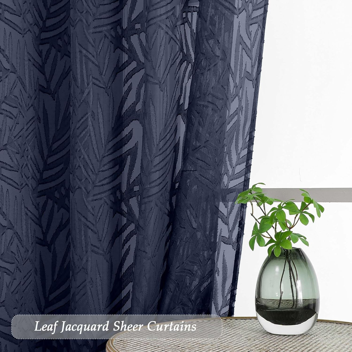 Navy Blue Sheer Curtains 72 Inches Long 2 Panels, Voile Soft Airy Leaf Jacquard