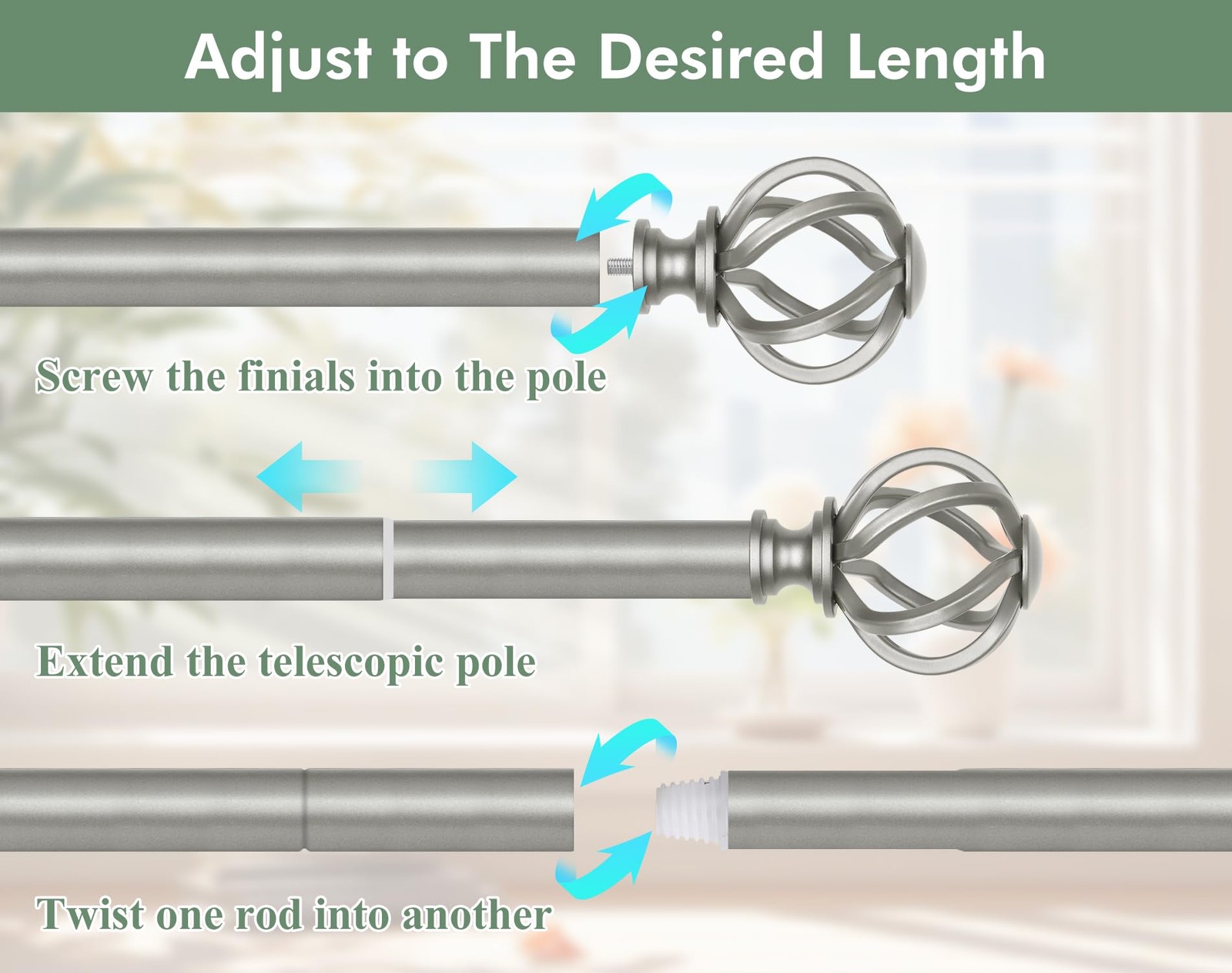 Usfook Antique Silver Curtain Rod 32 To 58 Inch 2.6-4.8 Ft 7/8 Curtain Rods For