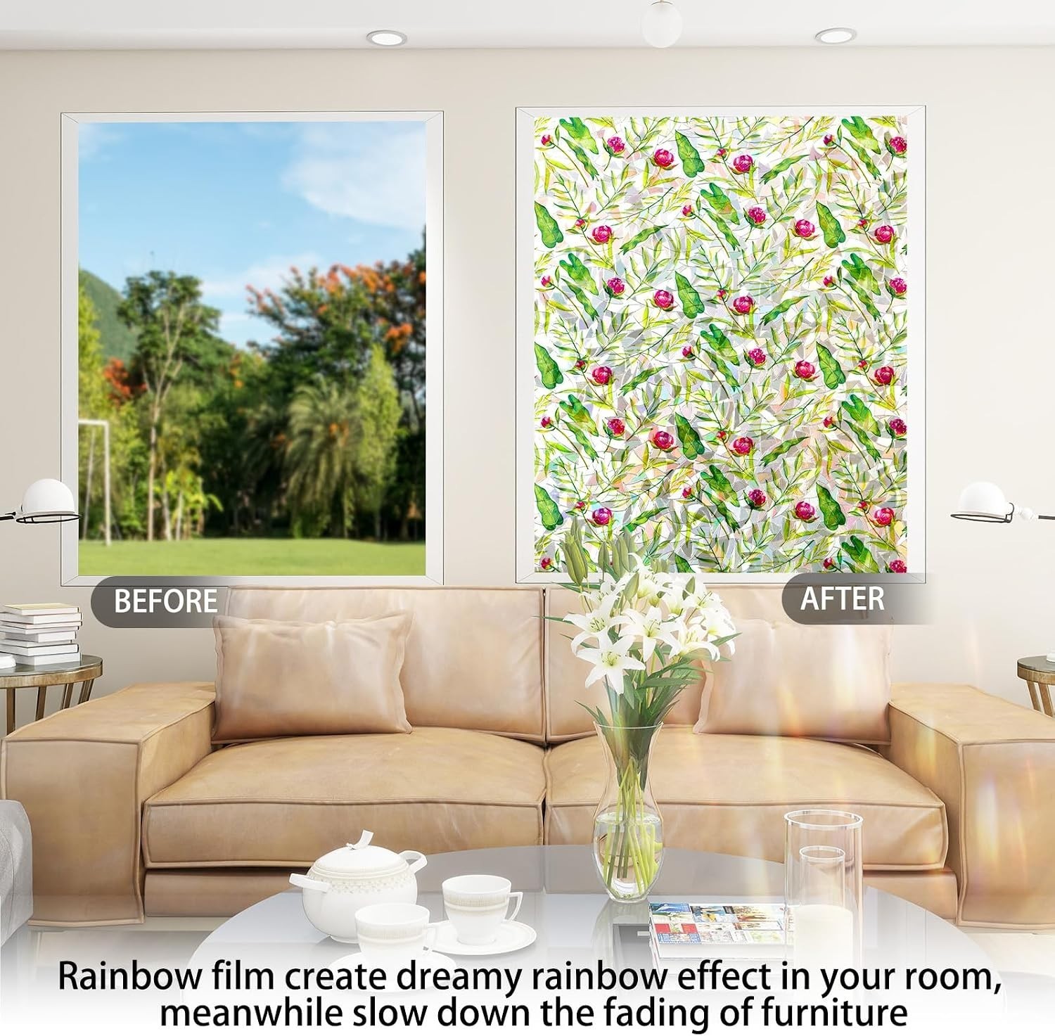 Rainbow Effect Floral Window Privacy Film – Easy Static Cling, 17.5” x 78.7”