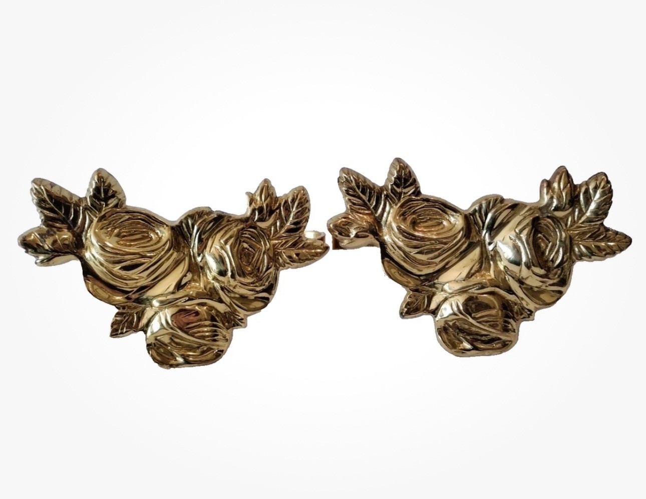 2 Vintage Rose Decor Curtain Tiebacks Size 4 1/4 x 3 1/2 x 6 1/4 Lacqured Brass