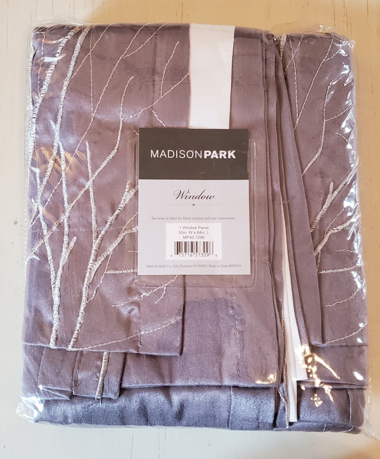 Madison Park Grey Andora Embroidered Branches Room Darkening Curtain Panel 50×84