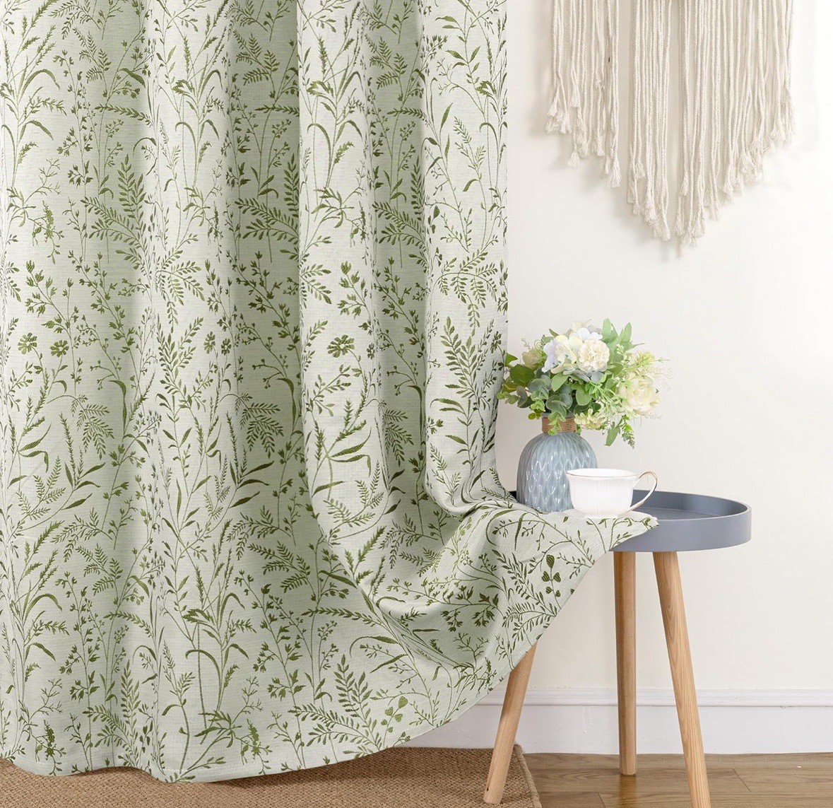 52×84 Bgment Green Leaf Linen Blend Curtains With Grommets 2 Panels