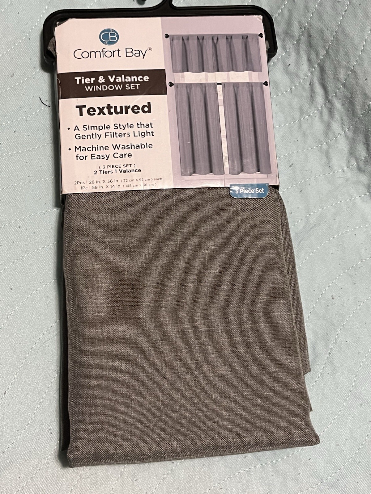 COMFORT BAY~GRAY~TEXTURED~3 PIECE TIER & VALANCE CURTAIN SET~NEW~ROD POCKET