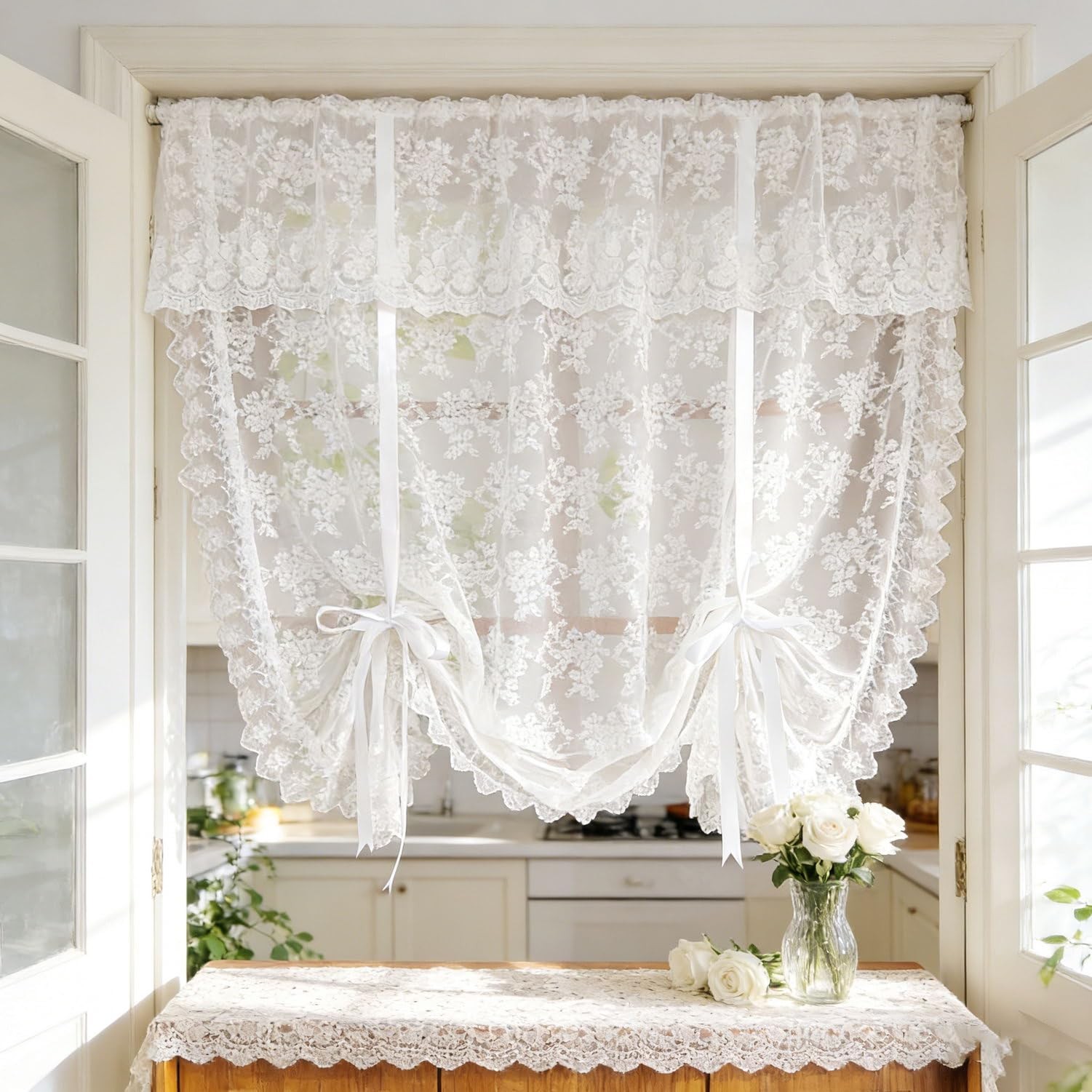 White Floral Lace Tie Up Curtain, Adjustable Lift Balloon Window Shade