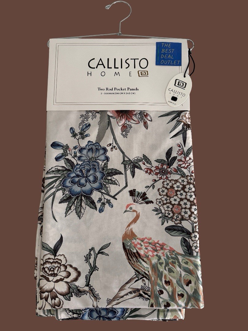 CALLISTO Window Curtains 2 Panels 38” X 96″ Peacock Birds Drapers Back Top Ivory