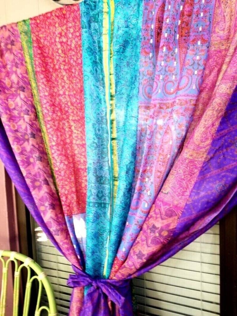 2 Pcs Indian Sari Patchwork Curtain Drape Window Decor Multi Silk Sari Curtain