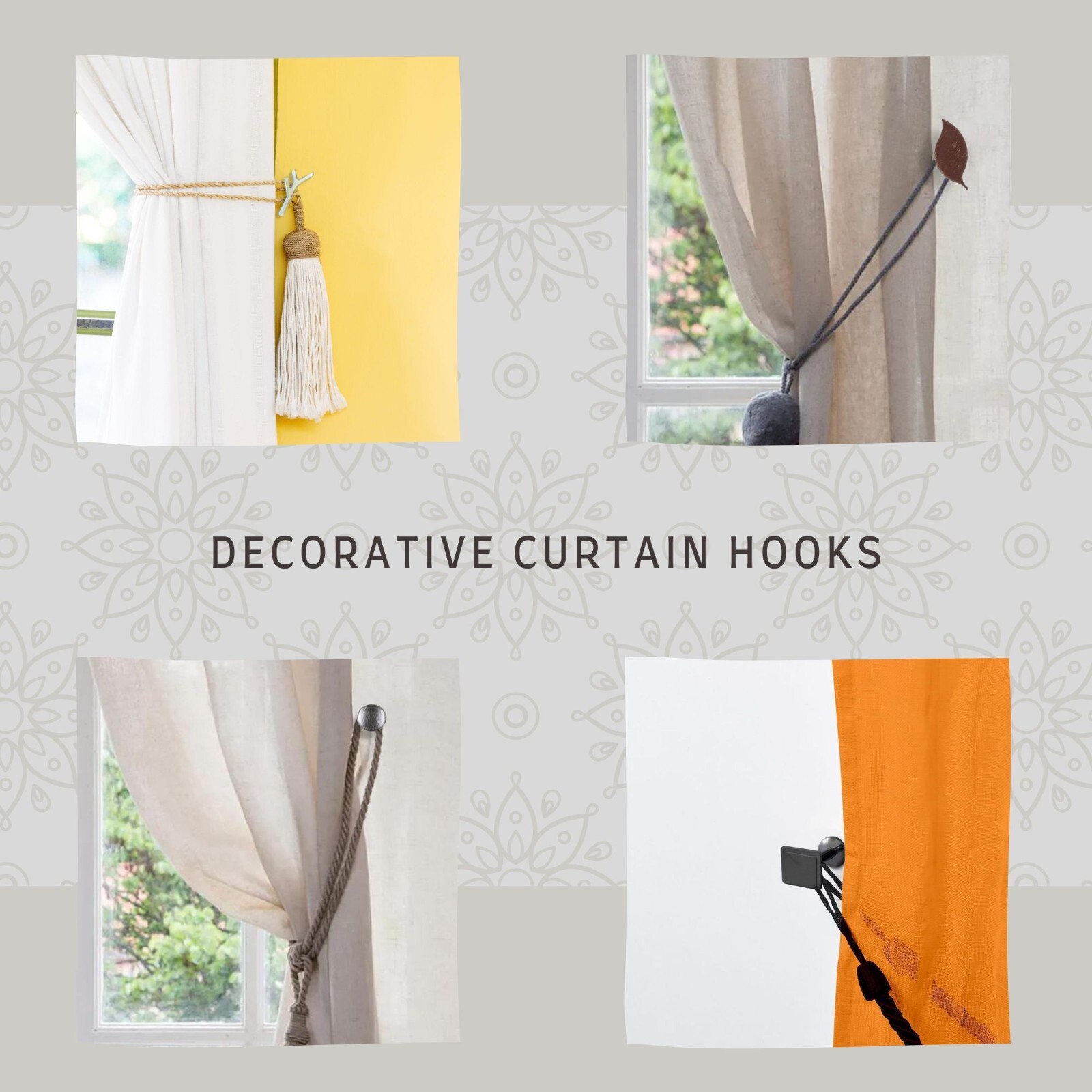 Curtain Tieback Hooks – Set of 2 Adhesive Metal Holdbacks for Drapery