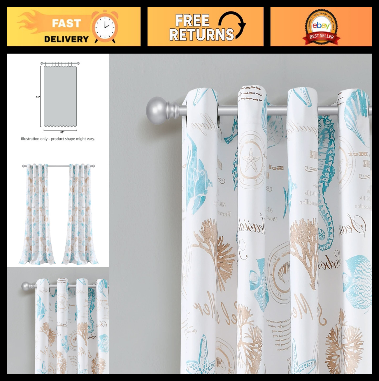 Nautical Coastal Light Filtering Curtains, 52″ x 84″, Seahorse & Seashell Design