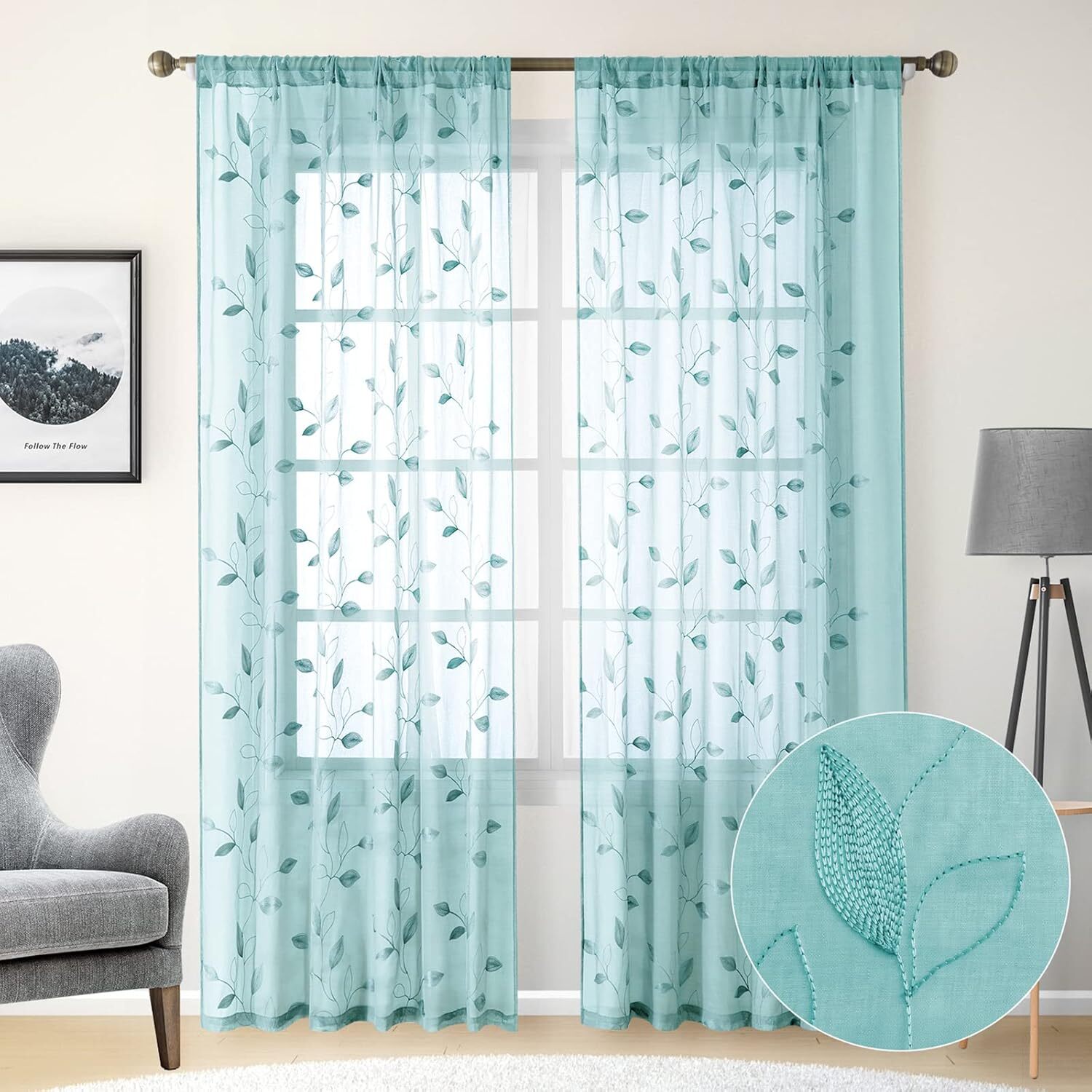 Turquoise Aqua Sheer Curtains 52 X 84 Inches Length 2 Panels Embroidered Leaf Pa