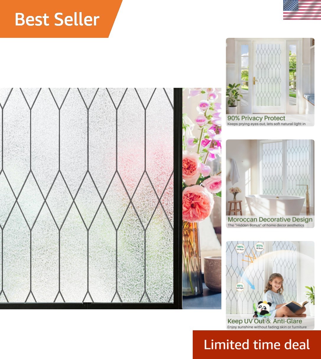 Window Privacy Film Stained Glass Static Clings, Bathroom Frosted Leaded Deco…