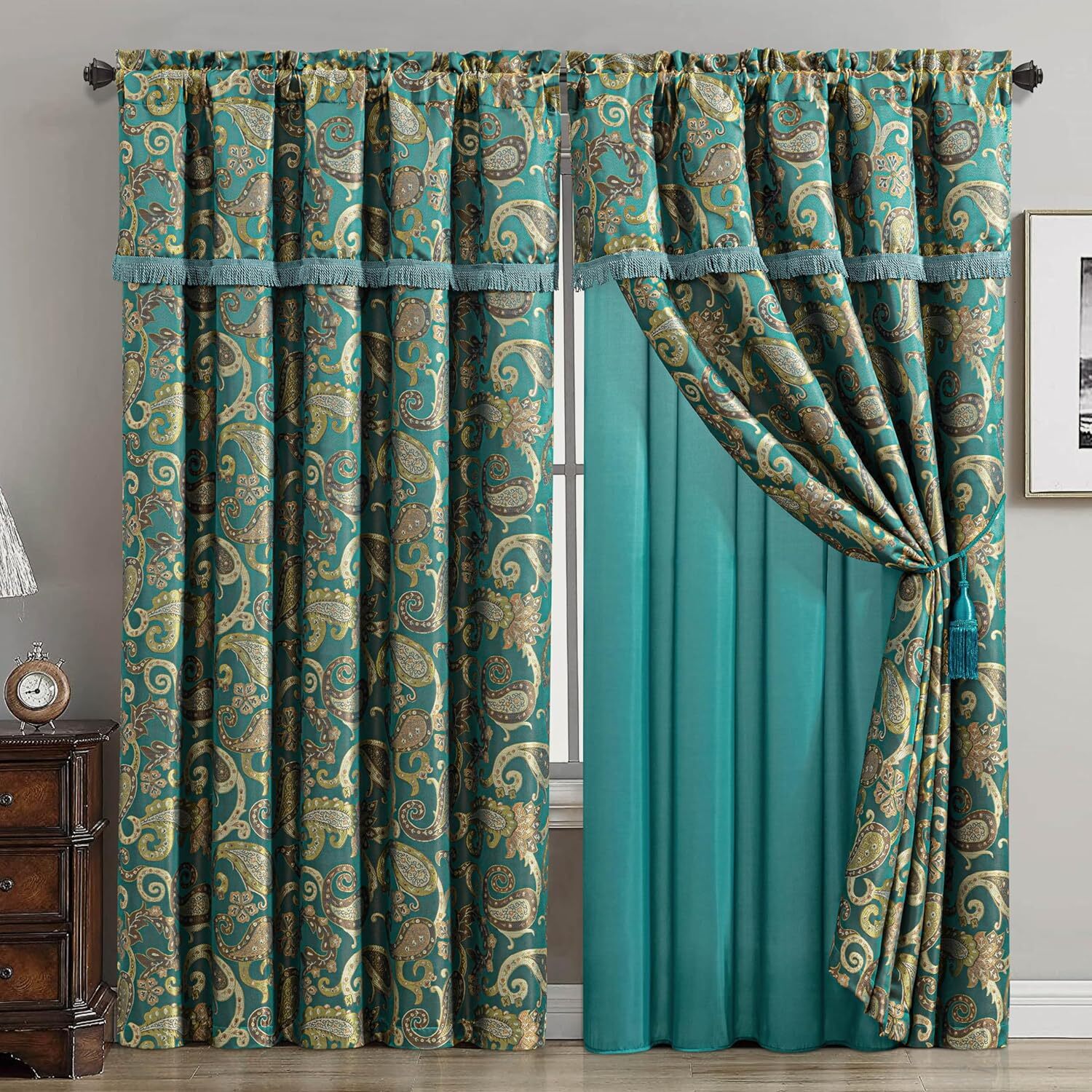 Chezmoi Collection Adelle 4-Piece Paisley Jacquard Embroidery Window Curtain Set
