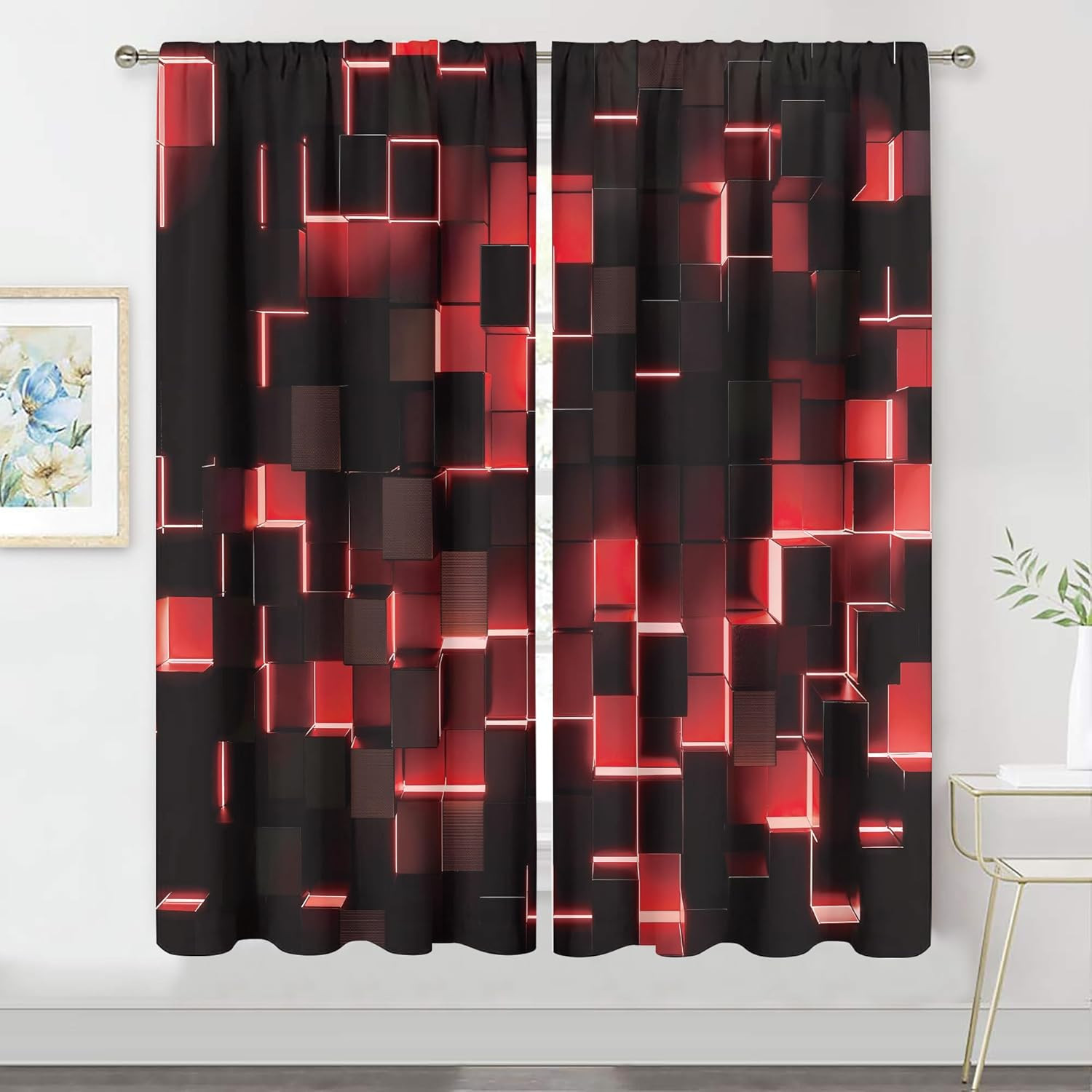 Red and Black Curtains 42Wx63H Inch Rod Pocket Abstract Curtains Modern 3D Gradi
