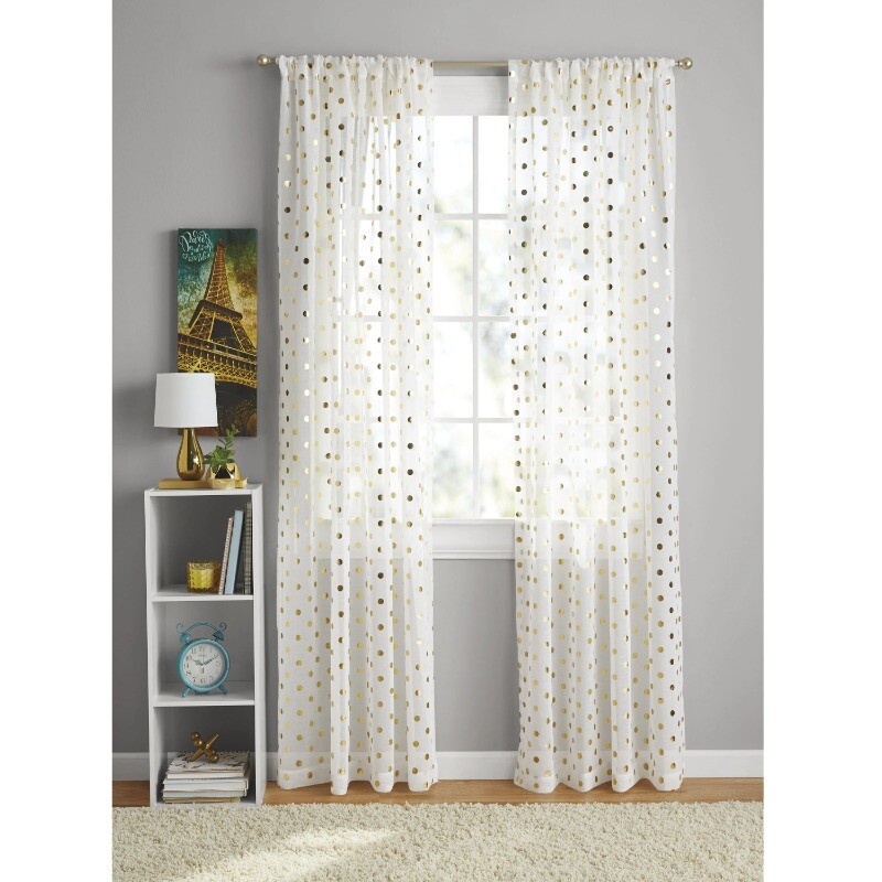 Your Zone Gold Metallic Dot Single Curtain Panel, 50″ W x 84″L