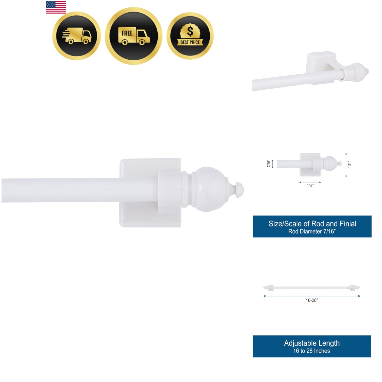 7/16″ Multi-Use Adjustable Petite Cafe Magnetic Rod, 16-28″, White