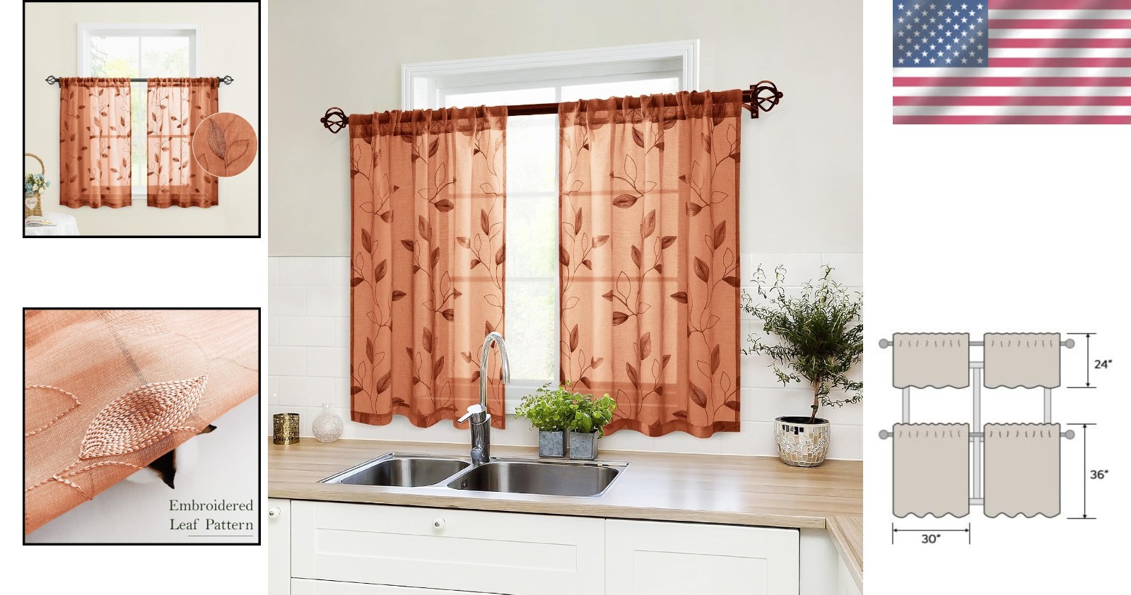 Beautiful Embroidered Leaf Burnt Orange Sheer Curtains – 30 X 36 Inch – 2 Panels