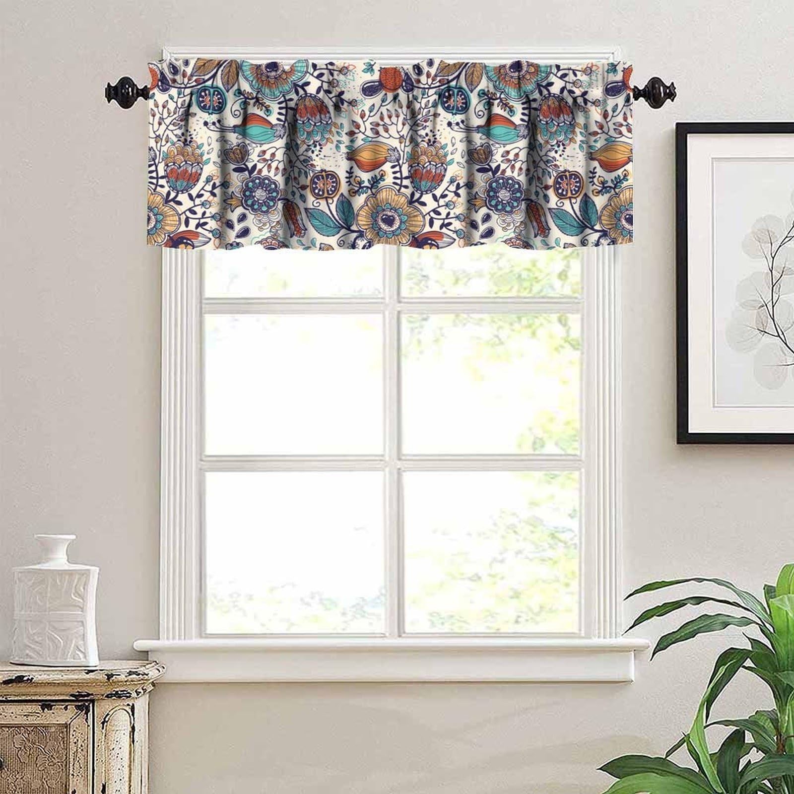 Abstract Floral Boho Valance Kitchen Curtain Minimalist Flowers Art Printed V…