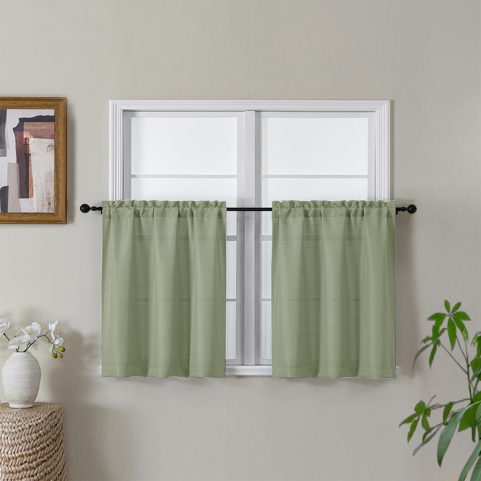 Gwine Light Green Short Curtains 2 Panels Set, Light Filtering Faux Linen Tex…