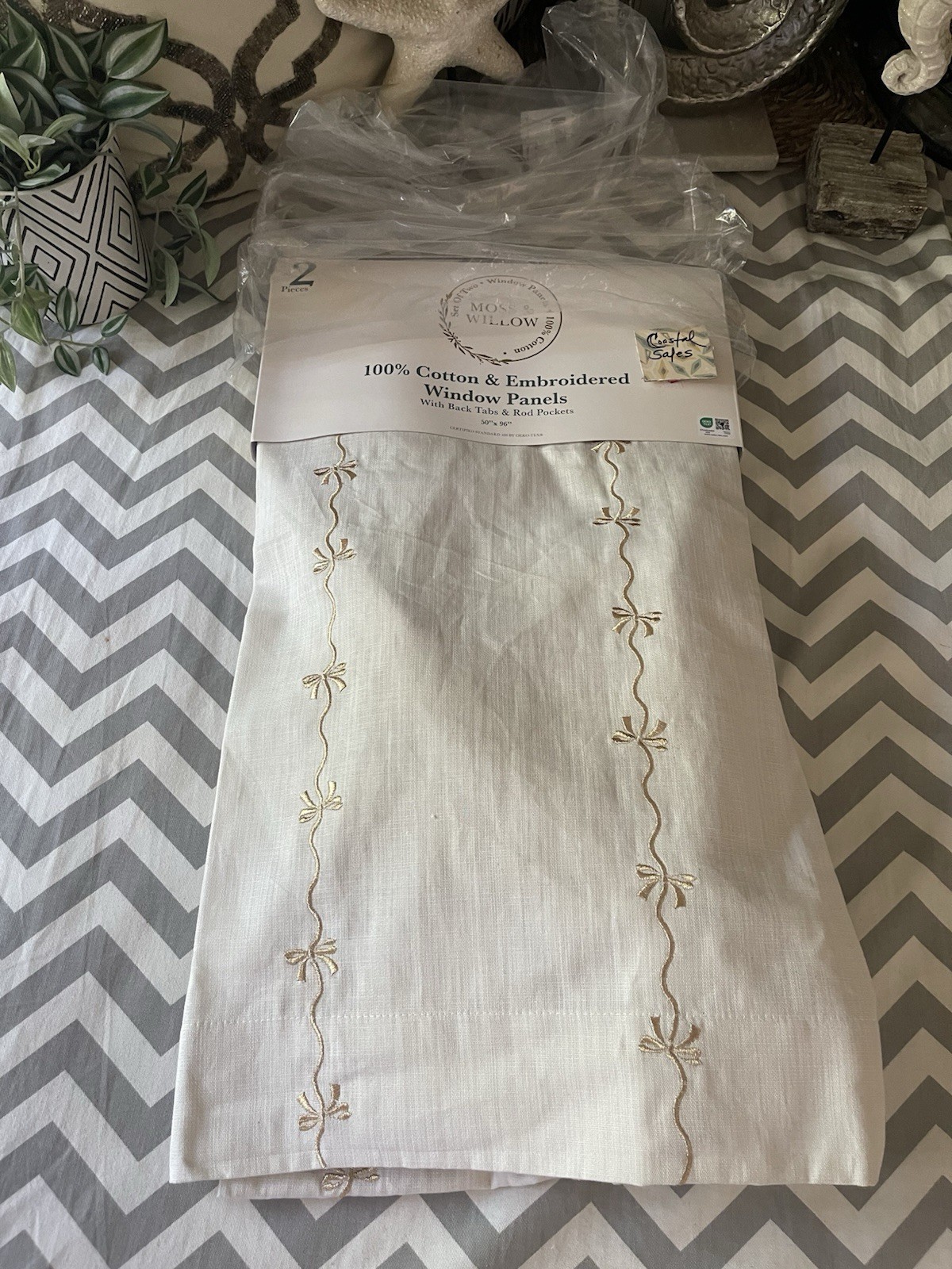 MOSS & WILLOW 100% Cotton Gold Embroidery Curtains Bows Ivory 50X96” NEW SET
