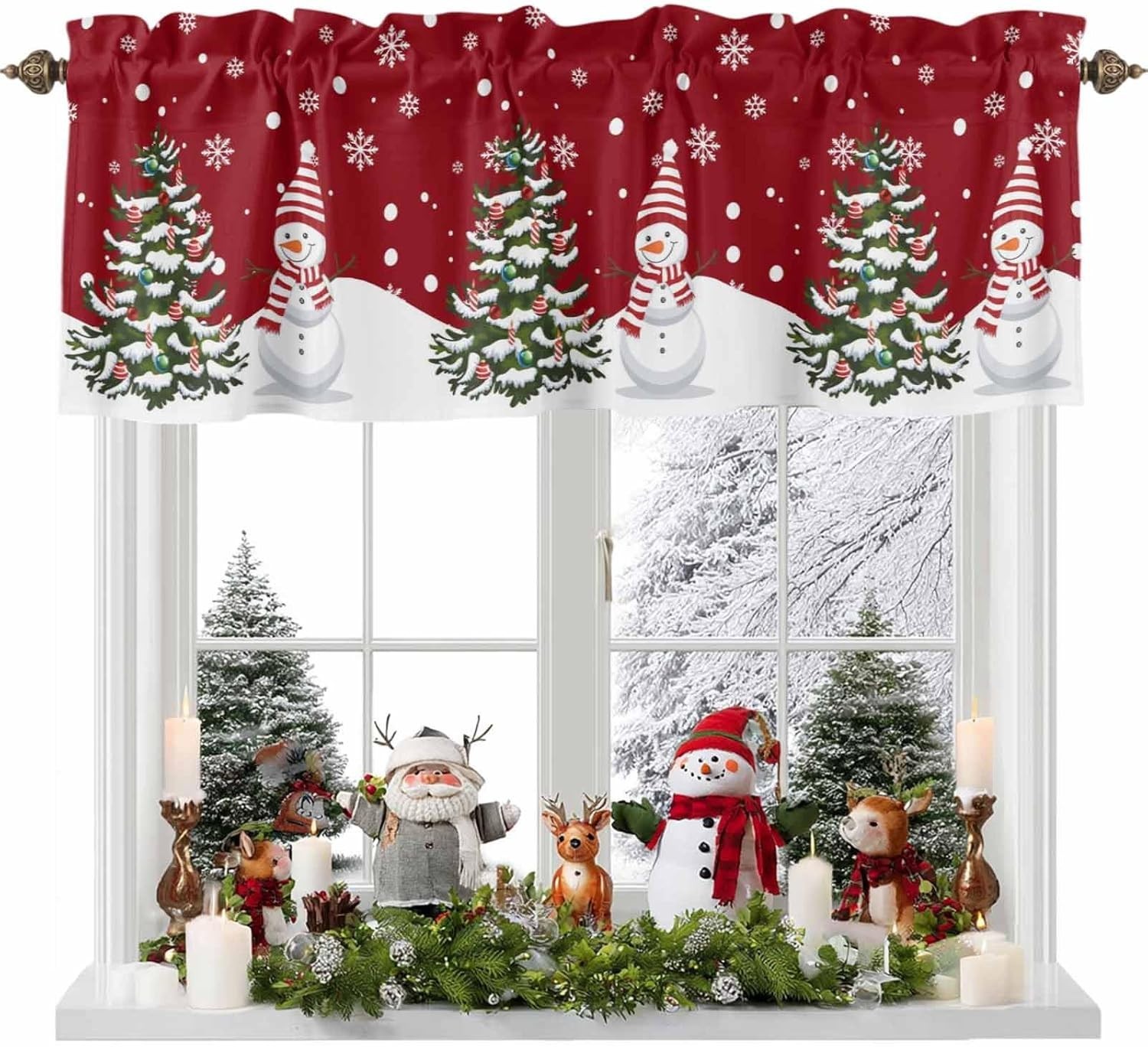 42″W x 12″L (Pack of 1) Snowman and Christmas Tree Christmas Valance Curtain