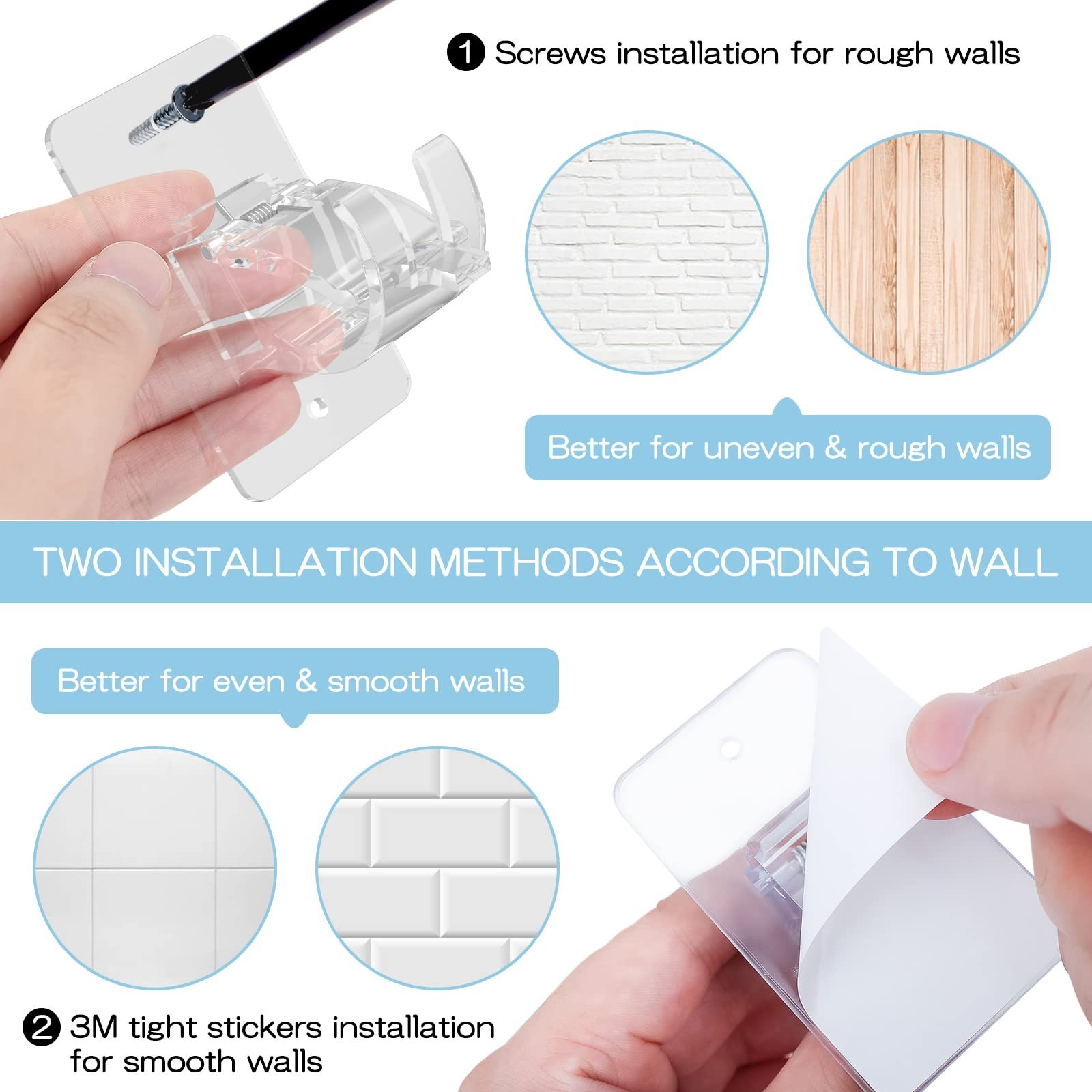 8PCS No Drill Curtain Rod Brackets, Self-Adhesive, Universal Wall Mount, Plastic