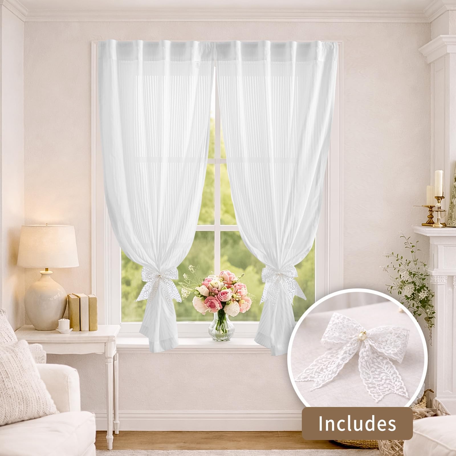 2 Panels White Kitchen Curtains 41 Inch Length Tier Curtain,Adhesive & Rod Po…