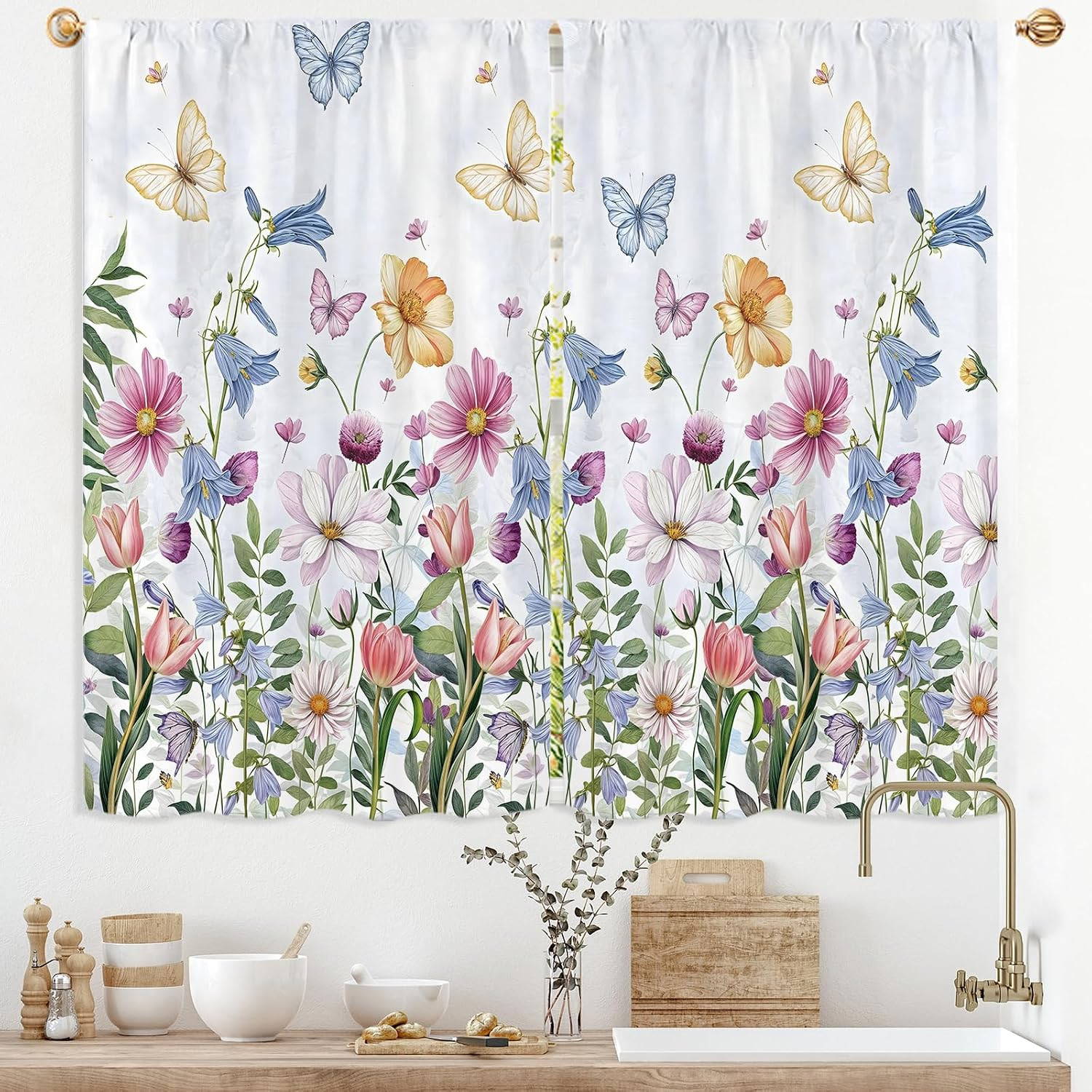 Watercolor Floral Spring Colorful Flower Kitchen Curtains 26W X 30L Inch 2 Panel
