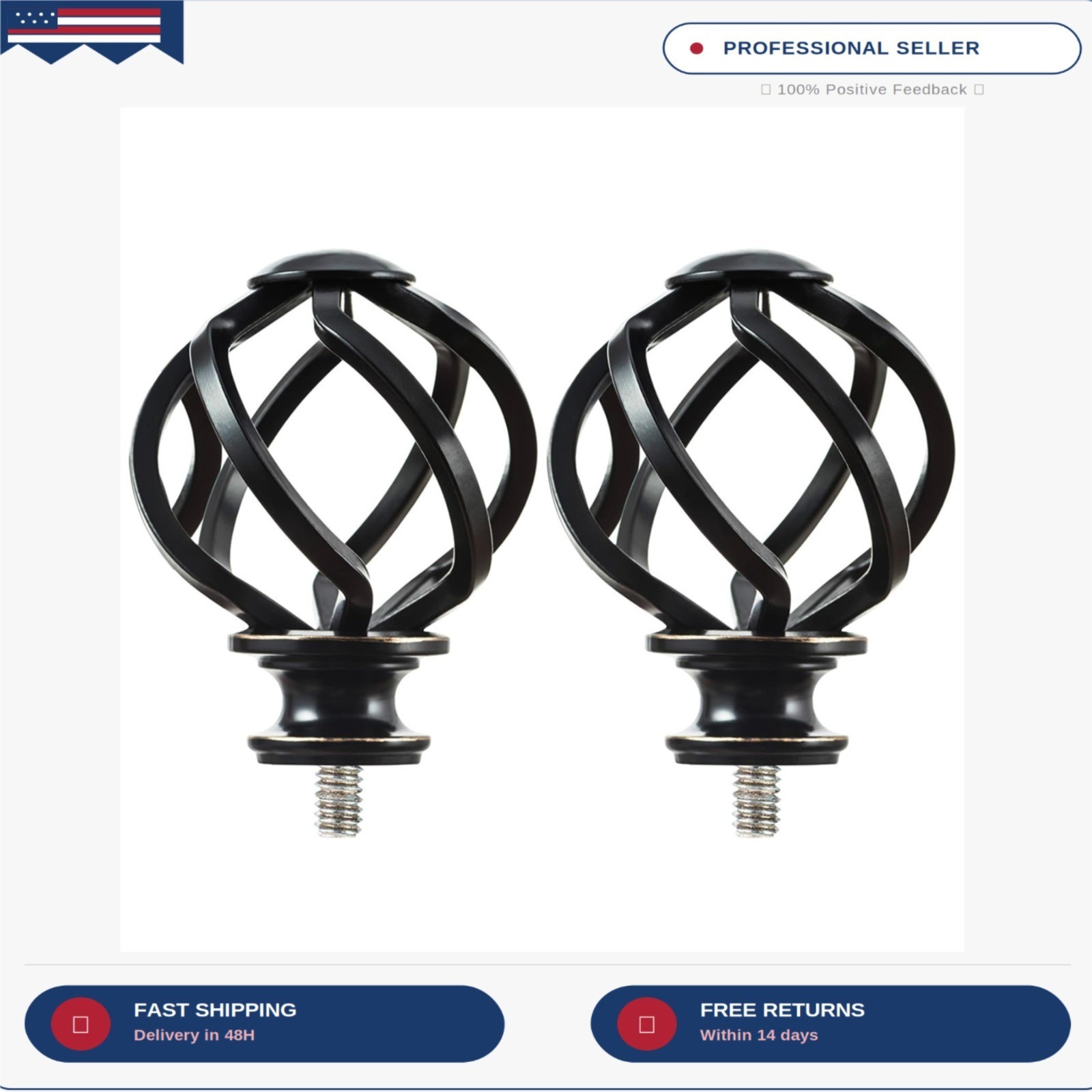 KAMANINA Replacement Finials for 1 or 7/8 Inch Curtain rods, Twisted Cage, 2pcs