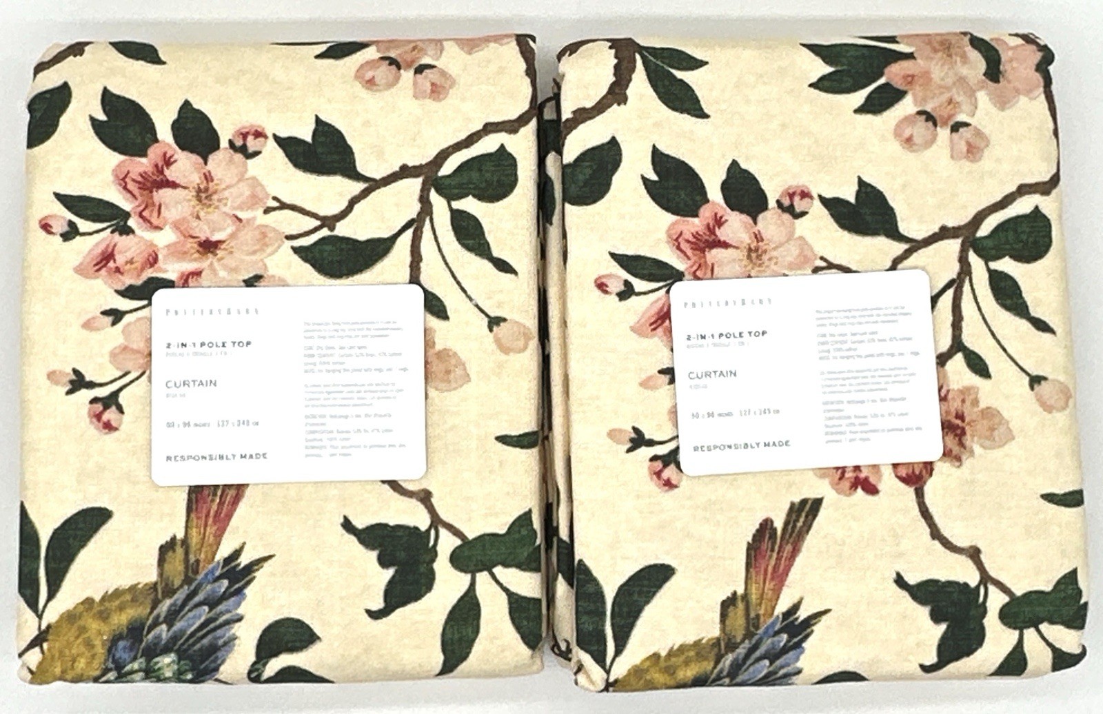 Pottery Barn Nola Bird Printed Curtain-50×96~Set of 2~Ivory Multi~NEW
